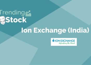 A graphical representation and logo of company of a trending stock "ion exchange (india) ltd. In a background gradient of green shades.