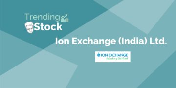 A graphical representation and logo of company of a trending stock "ion exchange (india) ltd. In a background gradient of green shades.