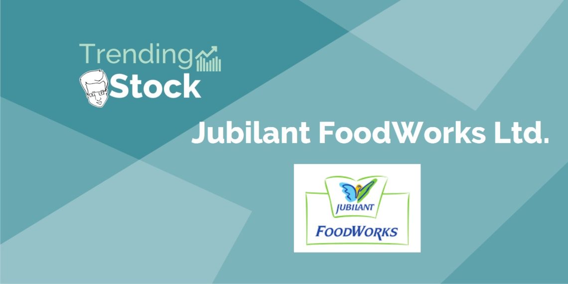 A graphic representation of a trending stock for jubilant foodworks ltd. The background is a gradient of blue and green.