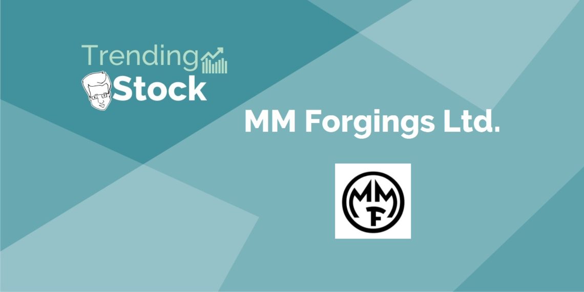 A graphic image with a blue and green background. The text “trending stock” is written in white on the blue background, and the text “mm forgings ltd. ” is written in black on the green background.