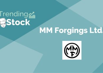 A graphic image with a blue and green background. The text “trending stock” is written in white on the blue background, and the text “mm forgings ltd. ” is written in black on the green background.