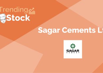 A graphic representation of a trending stock and logo of "sagar cements ltd. " with a background gradient of orange and red.