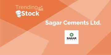 A graphic representation of a trending stock and logo of "sagar cements ltd. " with a background gradient of orange and red.