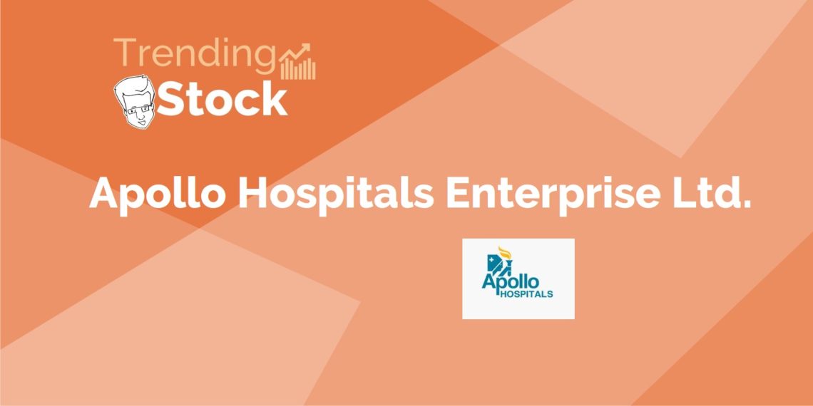 A graphic with a peach background and white text. The text reads “trending stock apollo hospitals enterprise ltd. ”. Below the text is the company’s logo, which is a blue shield with a white cross and “apollo hospitals” written in blue. The graphic is likely related to the stock market and the company’s performance.