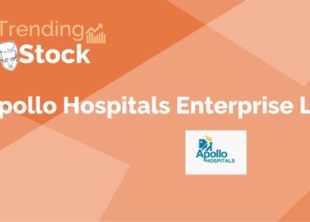A graphic with a peach background and white text. The text reads “trending stock apollo hospitals enterprise ltd. ”. Below the text is the company’s logo, which is a blue shield with a white cross and “apollo hospitals” written in blue. The graphic is likely related to the stock market and the company’s performance.