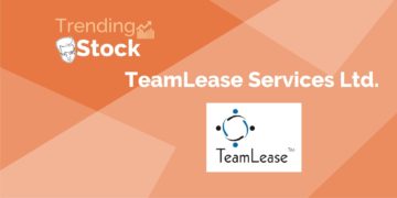 An orange background with the words “trending stock” and “teamlease services ltd. ” written in white. The logo is a blue circle with a white line connecting two blue dots