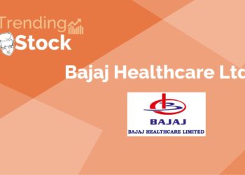 A graphic representation of a trending stock "bajaj heaithcare ltd. "with a orange background.