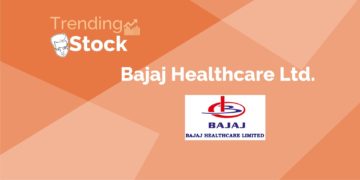 A graphic representation of a trending stock "bajaj heaithcare ltd. "with a orange background.