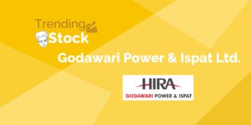 A graphic representation of trending stock and logo of the company "godawari power & ispat ltd. " in a yellow background.