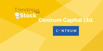 A graphic image of a trending stock of a company named "centrum capital ltd. " in a yellow background.