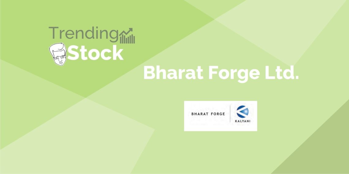 A graphic design of a green background with the text ‘trending stock’ and ‘bharat forge ltd. ’ with the company’s logo.
