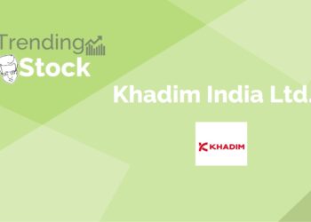 A graphic image of a trending stock " khadim india ltd. " in a green background.