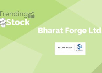 A graphic design of a green background with the text ‘trending stock’ and ‘bharat forge ltd. ’ with the company’s logo.