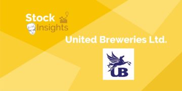 A yellow background with the text ‘stock insights united breweries ltd. ’ and the company’s logo, which is a purple dragon with wings facing towards the left side of the image.