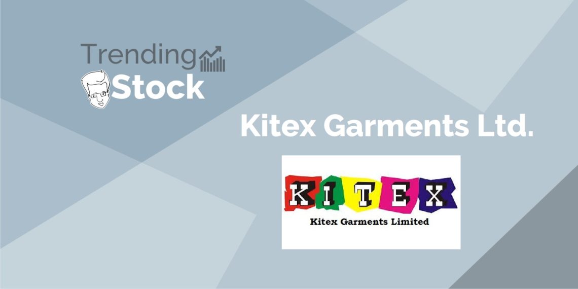 A graphic image of a stock market trend for kitex garments limited. The background is a light blue gradient. The top left corner has a logo of a bull and bear with the text “trending stock” above it.