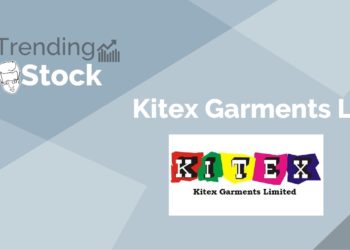 A graphic image of a stock market trend for kitex garments limited. The background is a light blue gradient. The top left corner has a logo of a bull and bear with the text “trending stock” above it.