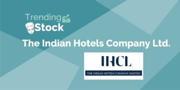 A graphic representation of a trending stock "the indian hotels company ltd. " with a gradient background of blue and green.