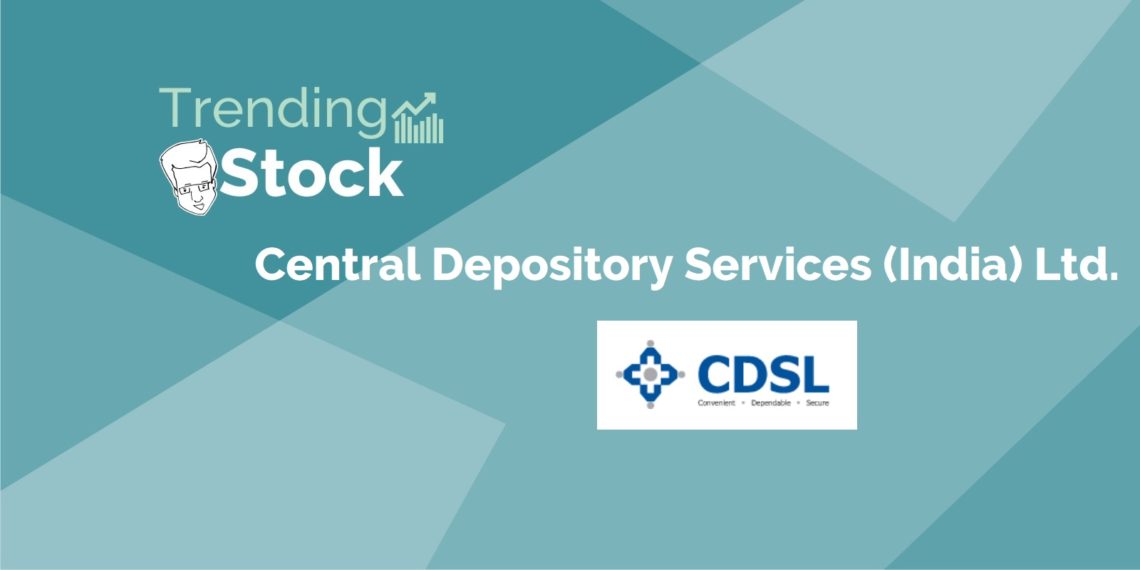 A graphic image of the logo of central depository services (india) ltd. On a blue background. The logo is a blue square with a white “cdsl” in the center. The text “trending stock” is written in white above the logo.