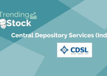 A graphic image of the logo of central depository services (india) ltd. On a blue background. The logo is a blue square with a white “cdsl” in the center. The text “trending stock” is written in white above the logo.