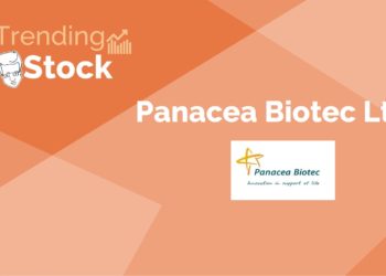 A graphic representation of a trending stock "panacea biotec ltd. " in a background gradient of orange and red.