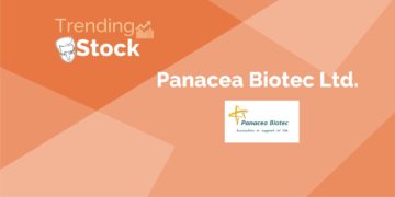 A graphic representation of a trending stock "panacea biotec ltd. " in a background gradient of orange and red.