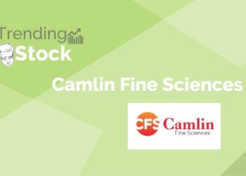 A graphic of the logo of a trending stock " camlin fine sciences ltd. " in a green background.