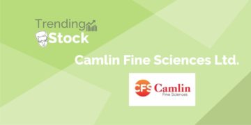 A graphic of the logo of a trending stock " camlin fine sciences ltd. " in a green background.