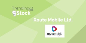 A graphic representation of trending stock "route mobile ltd. " in a green background.