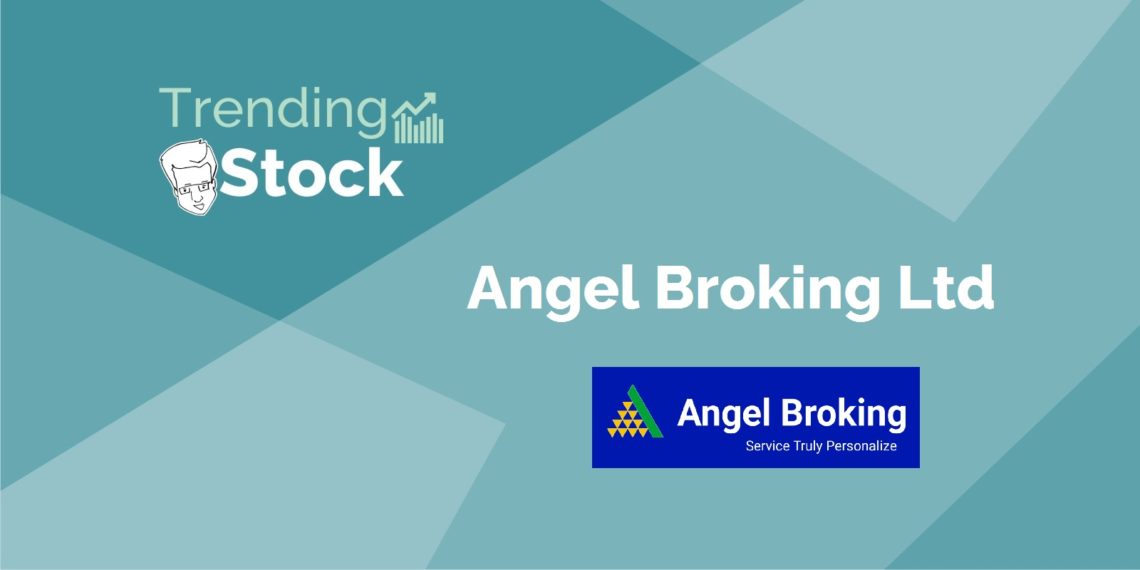 A graphic design featuring the logos of “trending stock” and “angel broking ltd” on a teal background. The logo of “trending stock” is on the left side and includes an icon of a bull’s head and graphical representation of stock market trends.