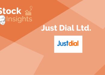A logo for justdial, an indian local search engine, with the text "stock insights" above it