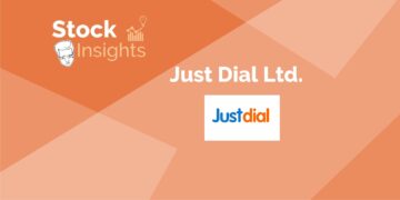 A logo for justdial, an indian local search engine, with the text "stock insights" above it