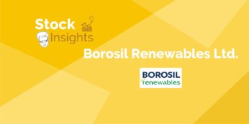 A yellow banner with the text "stock insights" and "borosil renewables ltd. " in white and blue lettering.