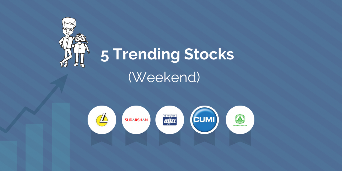 A graphic showing “5 trending stocks (weekend)” with logos of the trending companies displayed against a blue background, accompanied by an illustration of a robot reading a list and a rising stock chart.
