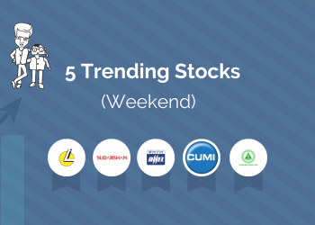 A graphic showing “5 trending stocks (weekend)” with logos of the trending companies displayed against a blue background, accompanied by an illustration of a robot reading a list and a rising stock chart.