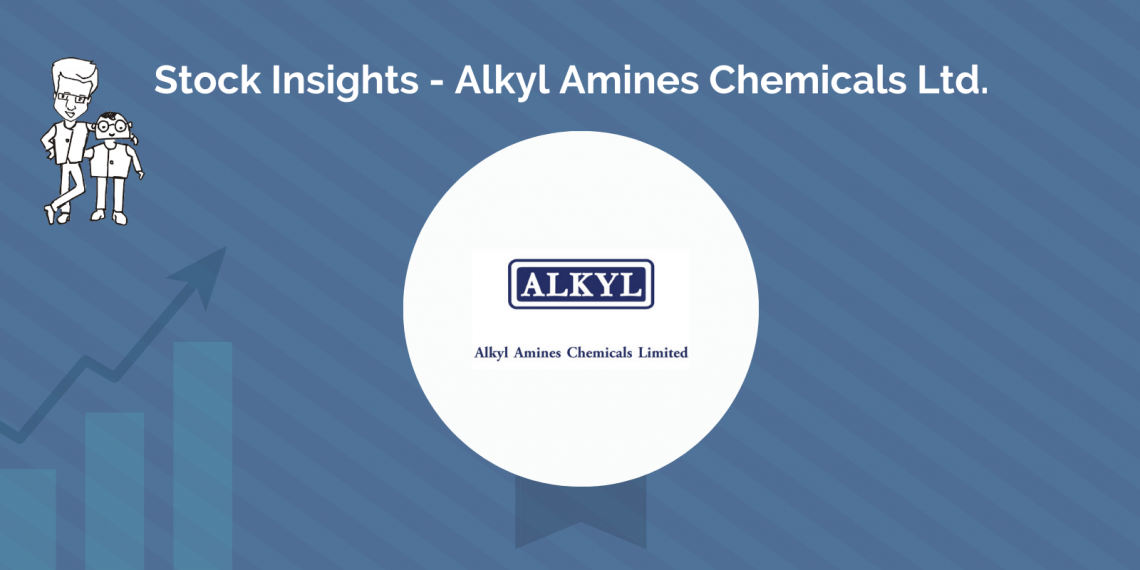 A graphical representation titled “stock insights - alkyl amines chemicals ltd. ” featuring a rising stock graph, two illustrated characters observing it, and the company’s logo against a blue background.