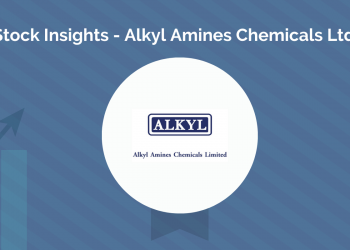 A graphical representation titled “stock insights - alkyl amines chemicals ltd. ” featuring a rising stock graph, two illustrated characters observing it, and the company’s logo against a blue background.