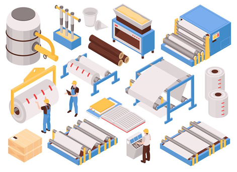 An illustration of a printing press with machines and workers in blue, yellow, and white colors.