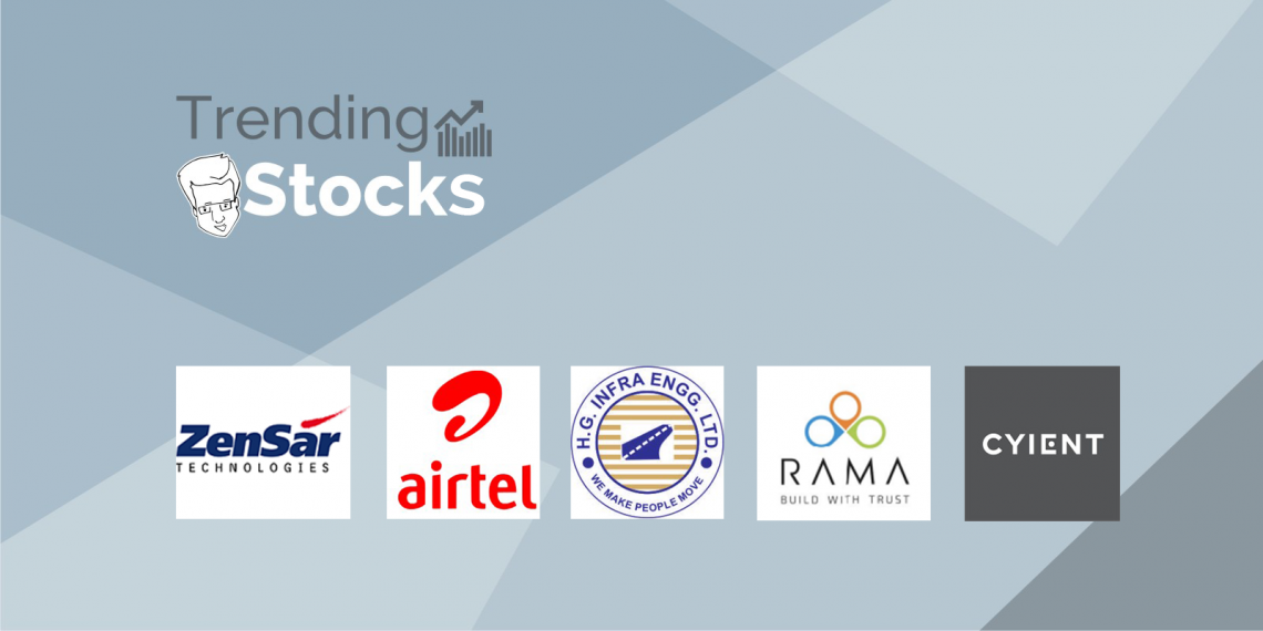 Logos of trending stocks zensar technologies, bharti airtel, hil, rama, and cyient.