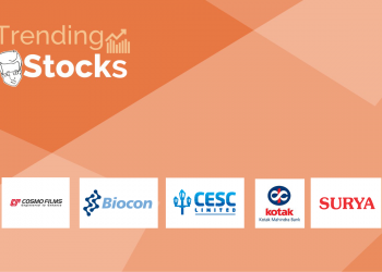 Logo of trending stocks cosmo films, biocon, cesc ltd. , kotak mahindra bank & surya.