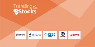 Logo of trending stocks cosmo films, biocon, cesc ltd. , kotak mahindra bank & surya.