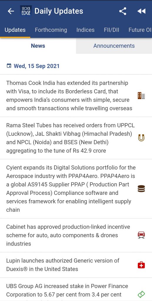 A screenshot of stockedge app in dark mode with several news articles and updates. The top tab bar has options for updates, news, indices, fill/dii, and future oi. The main content area shows articles with titles, summaries, and timestamps. The bottom tab bar has options for home, watchlist, markets, news, and more.