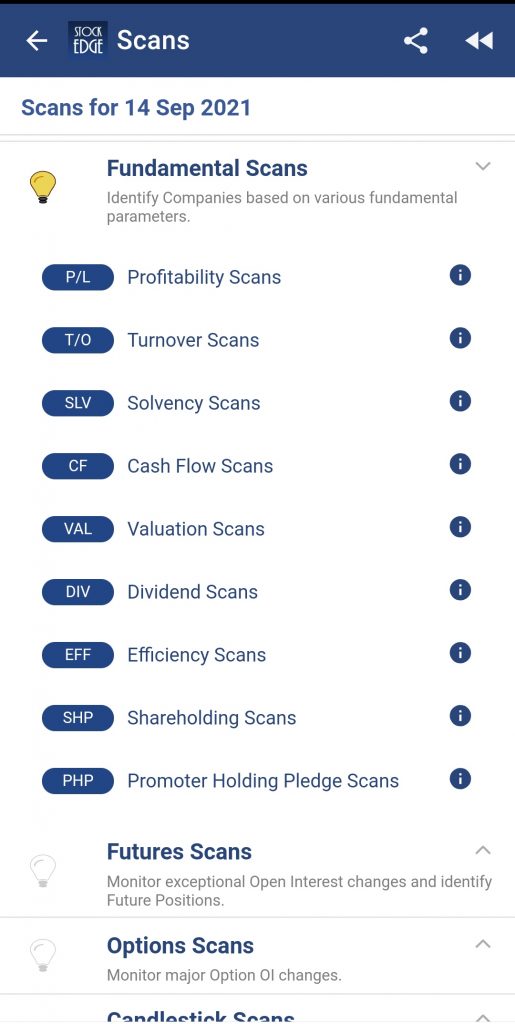 A list of stock market scans on stock edge app for 14 sep 2021, including profitability, turnover, cash flow, efficiency, dividend, shareholding pledge, promoter pledge, and future positions.