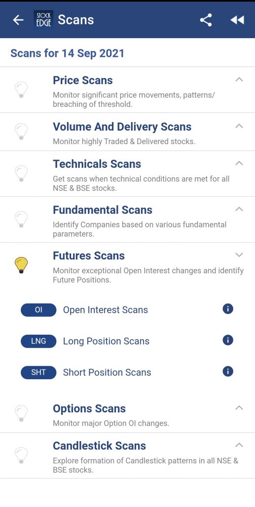 A mobile app screenshot showing a list of stock market scans with different categories and parameters.