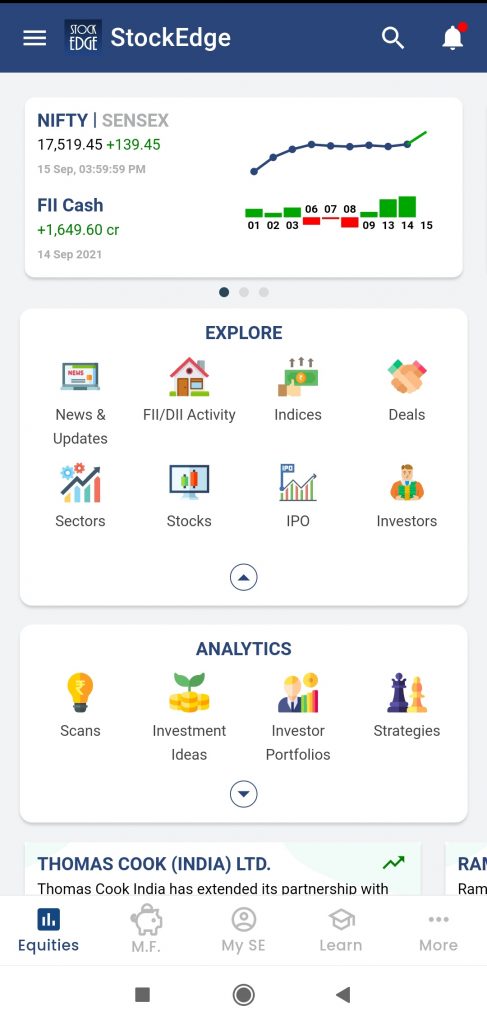 A screenshot of the stockedge app showing the nifty 50 index, news and updates, and various other features.