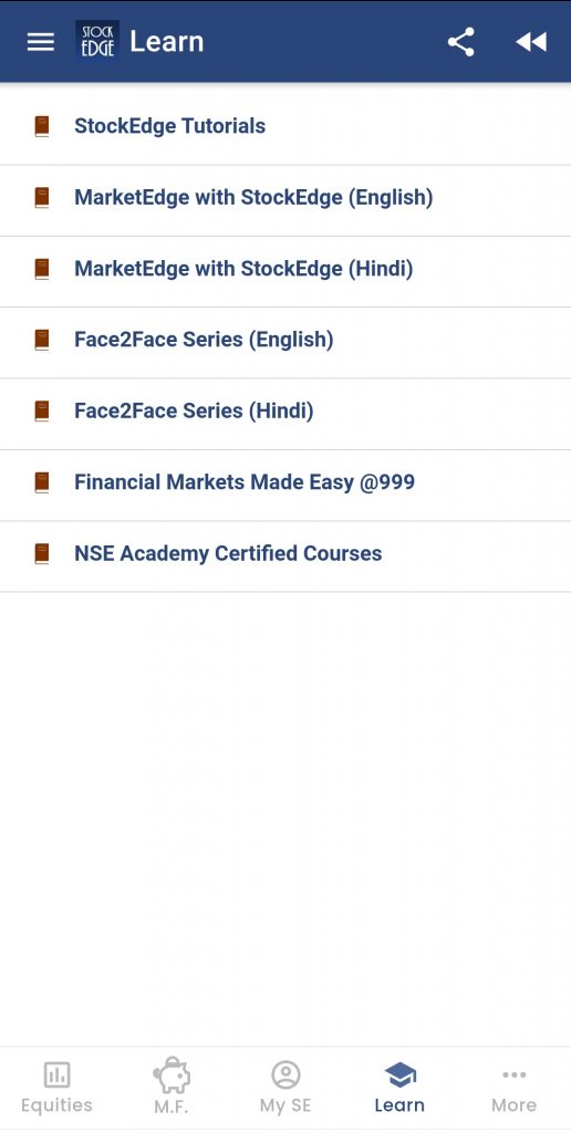 A screenshot of the learn section of the stockedge app, showing a list of tutorials and courses on stock market analysis and trading.