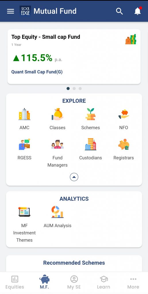 Stockedge app interface for a mutual fund showing its performance and various options to explore and analyze