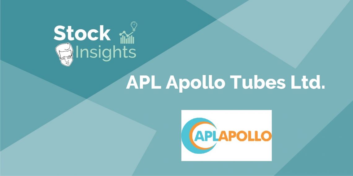 A blue background with a stock market insights logo and the apl apollo tubes ltd. Company logo. The stock insights logo is in the top left corner of the image, and the apl apollo tubes ltd. Logo is in the bottom right corner of the image.