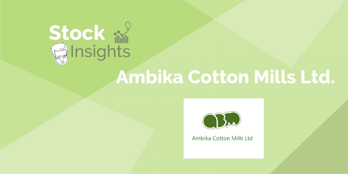 Stock insights logo with green elephants facing each other on a white square background. The words ‘stock insights’ and ‘ambika cotton mills ltd. ’ are written in white on a green background.