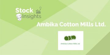 Stock insights logo with green elephants facing each other on a white square background. The words ‘stock insights’ and ‘ambika cotton mills ltd. ’ are written in white on a green background.