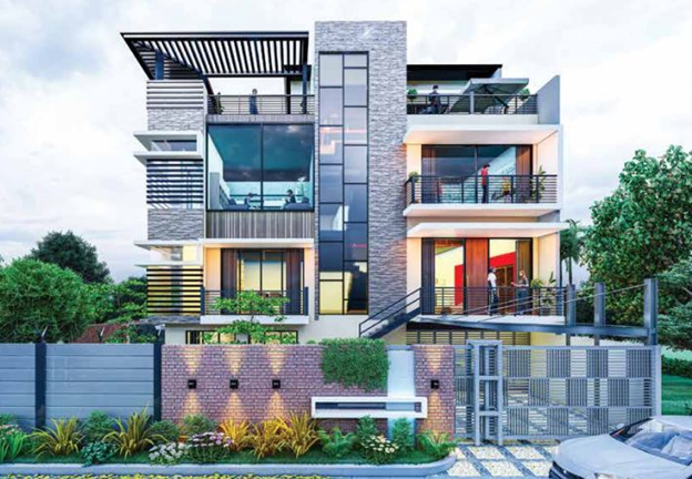 A modern, multi-level house with a gray and white exterior, large windows, and a balcony. The house is surrounded by a fence and has a garden in the front. The background consists of trees and a blue sky.